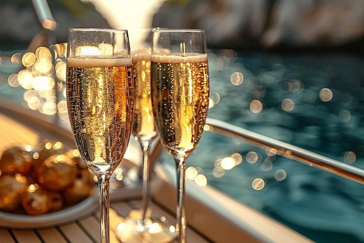 Halb gefülltes Champagnerglas auf einem festlich gedeckten Galatisch